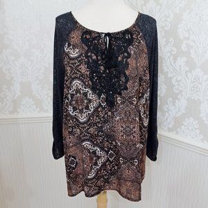 Gloria Vanderbilt Brown and Black Boho Top with Tassel Tie Size Medium
